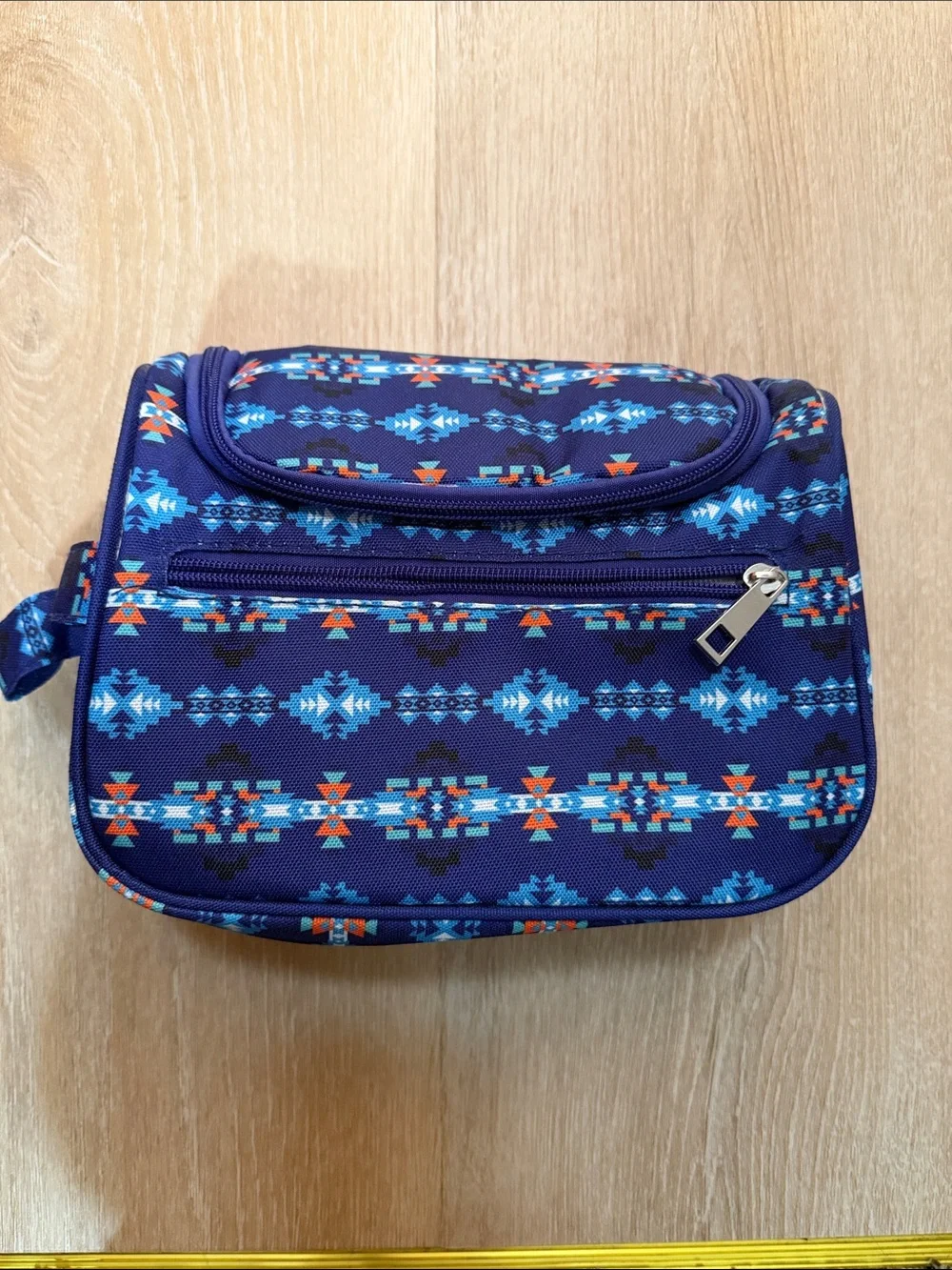 Navy Aztec Print Travel Pouch - Compact Cosmetic Bag